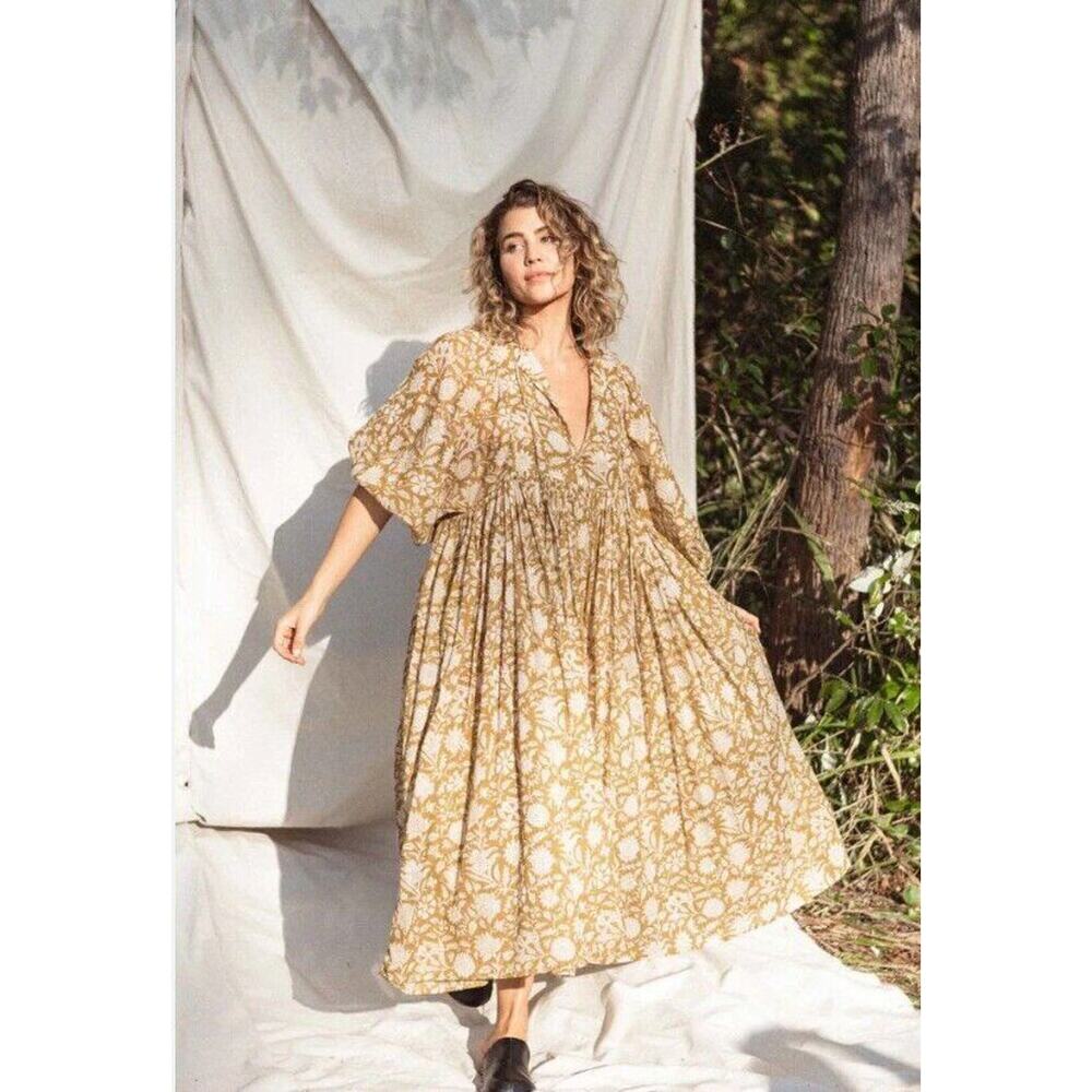 DAUGHTERS OF INDIA Sz S Small Kyra Midi Dress Cotton Golden Palm